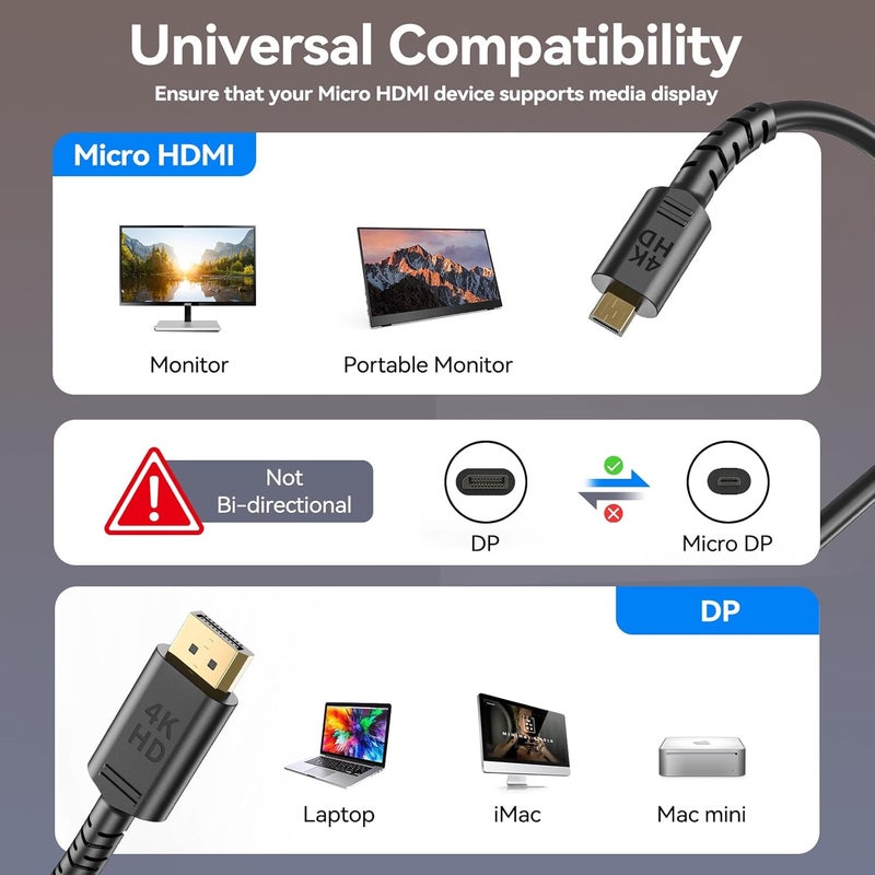 Answin DisplayPort to Micro HDMI Cable, Uni-Directional, 4K@60Hz, 2K@120Hz 5Ft DP to Micro HDMI Cord for Dell, Desktop, AMD, NVIDIA to ASUS XG17AHP, Portable Monitor - Image 3
